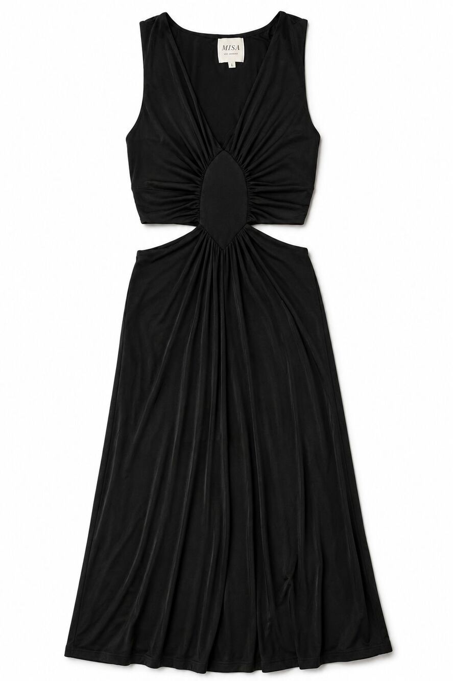 MISA Los Angeles Athema Cutout Waist Maxi Dress Black L Retail $340